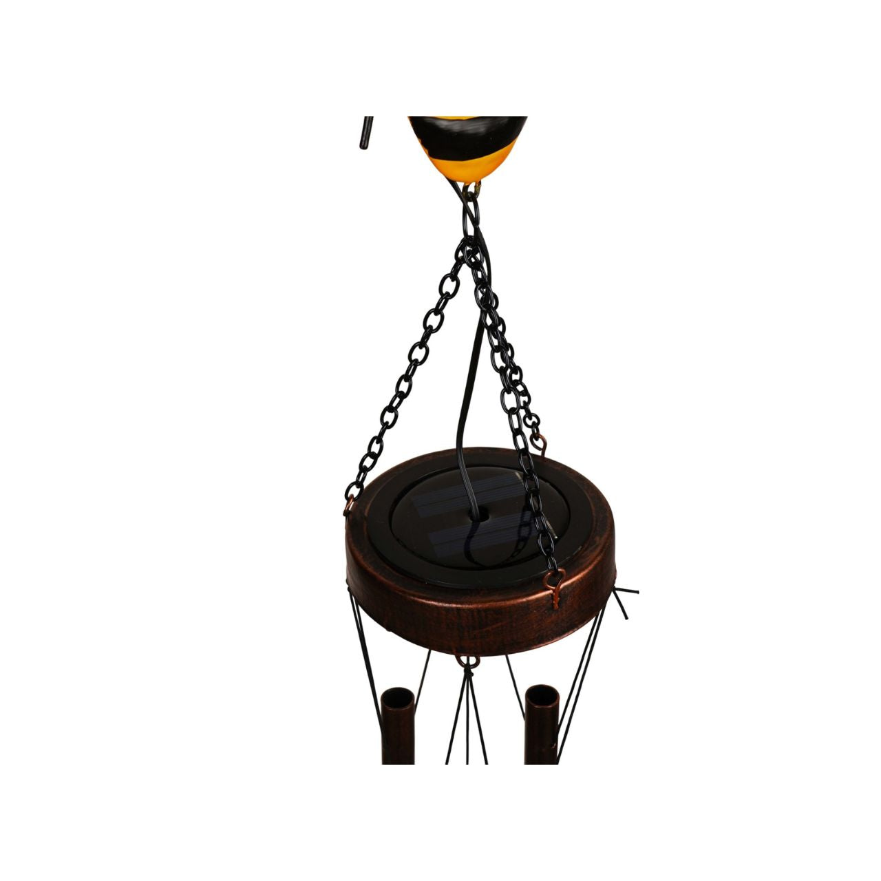 A decorative solar windchime featuring a detailed bee design, bringing a charming, nature-inspired touch to any outdoor space. The warm tones and delicate detailing create an eye-catching feature for gardens, patios, or balconies.