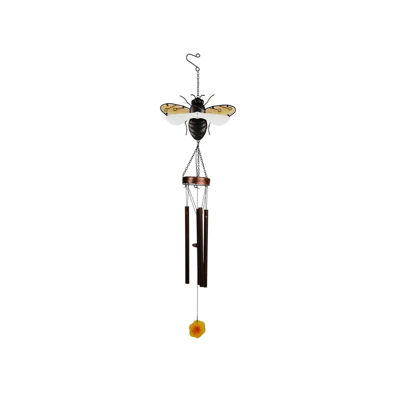 A decorative solar windchime featuring a detailed bee design, bringing a charming, nature-inspired touch to any outdoor space. The warm tones and delicate detailing create an eye-catching feature for gardens, patios, or balconies.