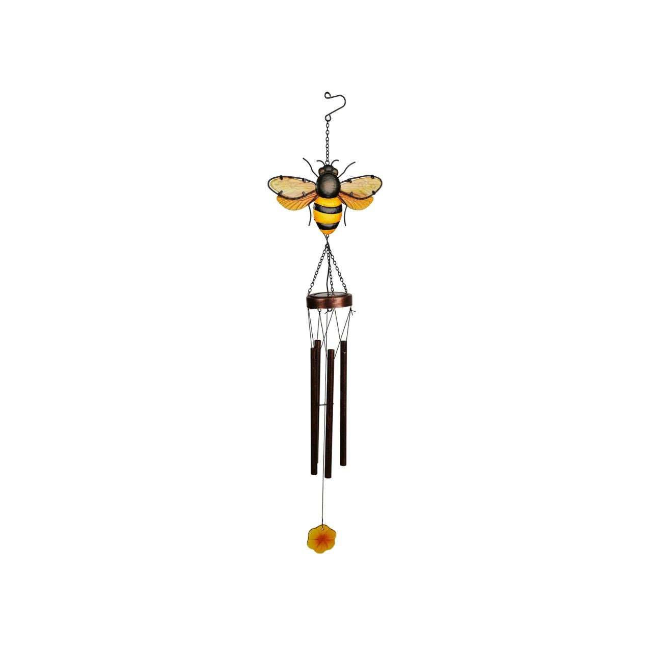 A decorative solar windchime featuring a detailed bee design, bringing a charming, nature-inspired touch to any outdoor space. The warm tones and delicate detailing create an eye-catching feature for gardens, patios, or balconies.