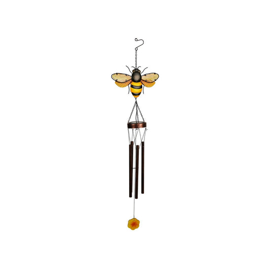 A decorative solar windchime featuring a detailed bee design, bringing a charming, nature-inspired touch to any outdoor space. The warm tones and delicate detailing create an eye-catching feature for gardens, patios, or balconies.