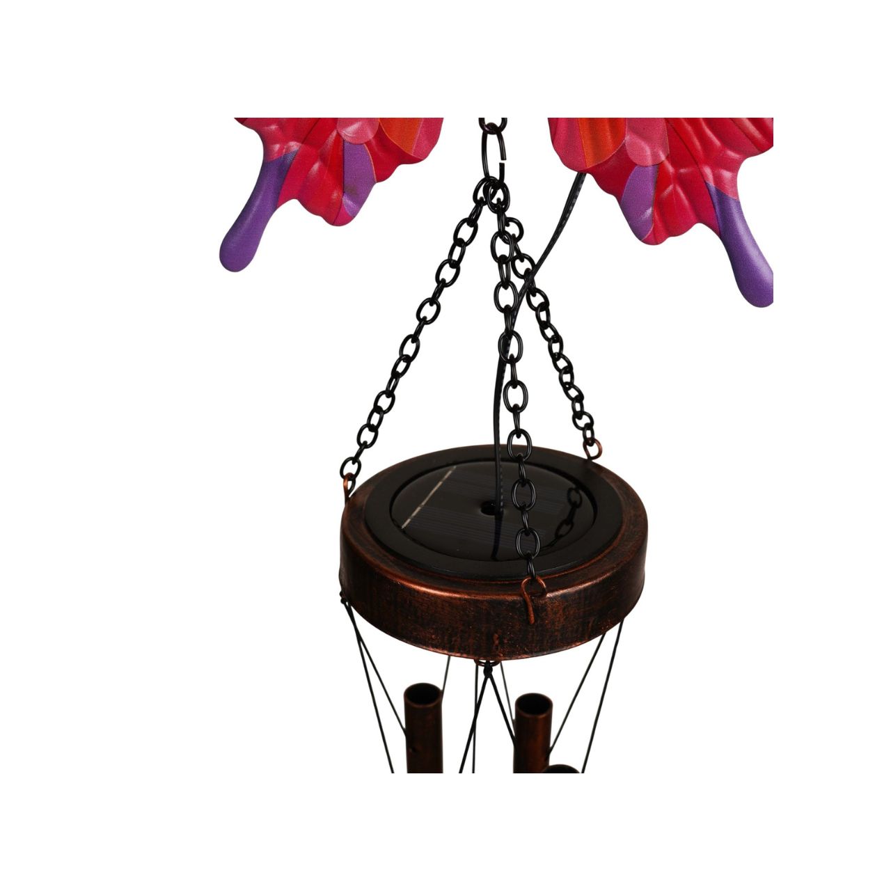 A decorative solar windchime featuring a colourful butterfly design, bringing a vibrant, nature-inspired touch to any outdoor space. The delicate detailing and soft blend of colours create an eye-catching feature for gardens, patios, or balconies.