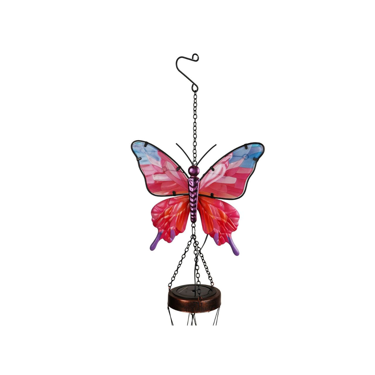A decorative solar windchime featuring a colourful butterfly design, bringing a vibrant, nature-inspired touch to any outdoor space. The delicate detailing and soft blend of colours create an eye-catching feature for gardens, patios, or balconies.