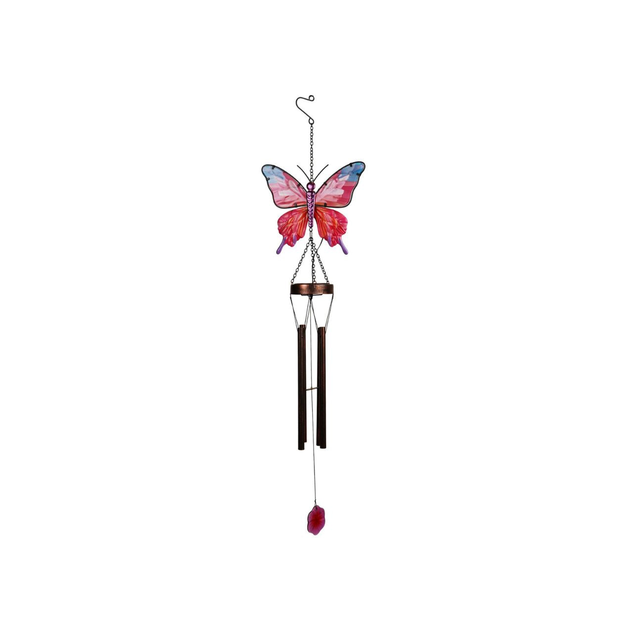 A decorative solar windchime featuring a colourful butterfly design, bringing a vibrant, nature-inspired touch to any outdoor space. The delicate detailing and soft blend of colours create an eye-catching feature for gardens, patios, or balconies.