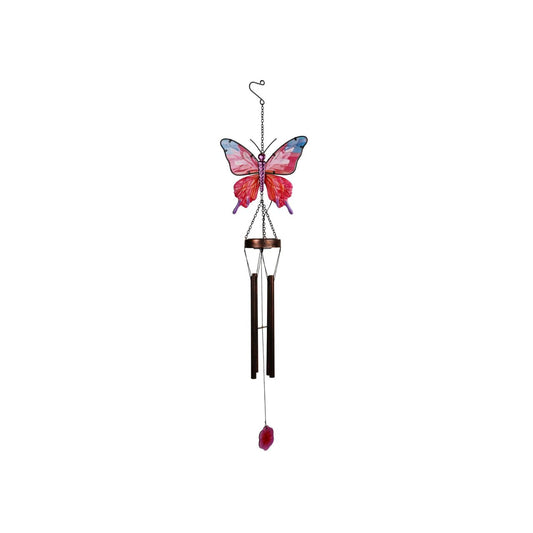 A decorative solar windchime featuring a colourful butterfly design, bringing a vibrant, nature-inspired touch to any outdoor space. The delicate detailing and soft blend of colours create an eye-catching feature for gardens, patios, or balconies.