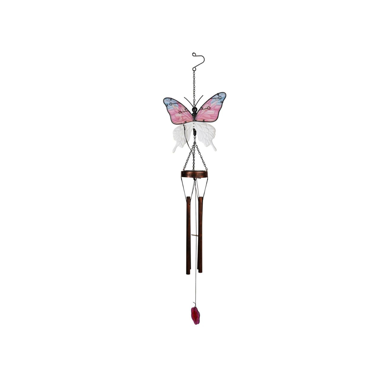 A decorative solar windchime featuring a colourful butterfly design, bringing a vibrant, nature-inspired touch to any outdoor space. The delicate detailing and soft blend of colours create an eye-catching feature for gardens, patios, or balconies.