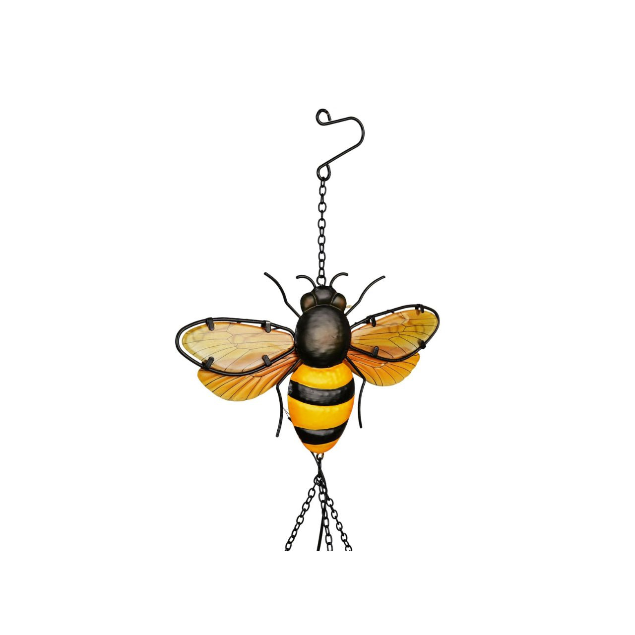 A decorative solar windchime featuring a detailed bee design, bringing a charming, nature-inspired touch to any outdoor space. The warm tones and delicate detailing create an eye-catching feature for gardens, patios, or balconies.