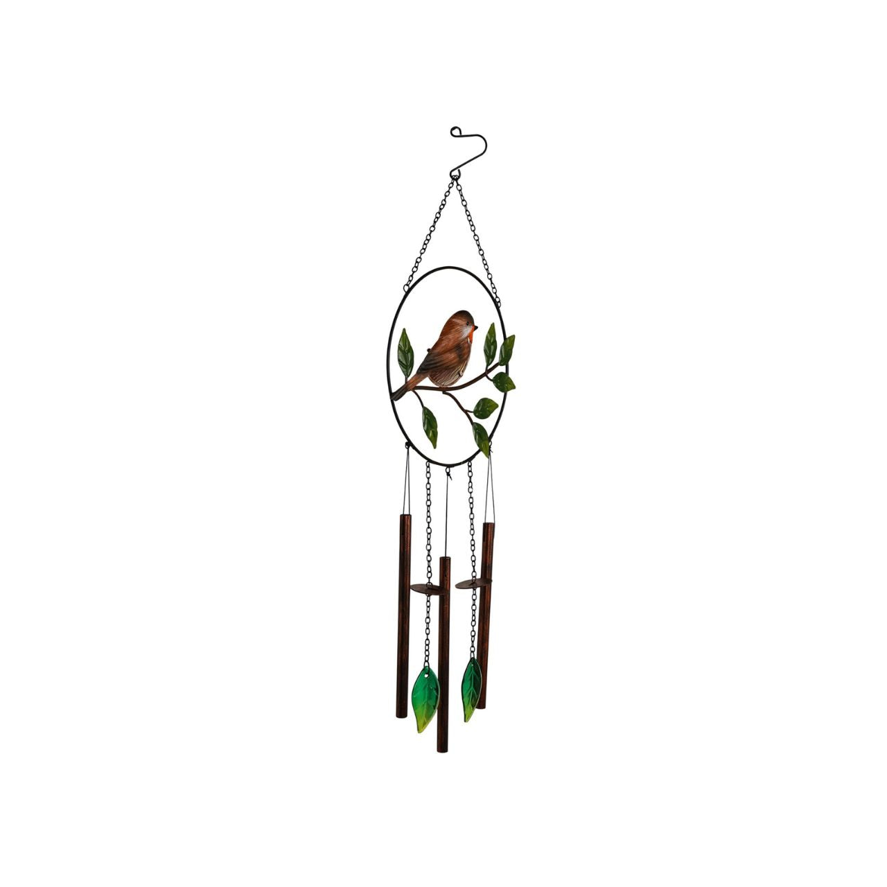 A decorative windchime featuring a charming robin perched on a branch, bringing a peaceful, nature-inspired touch to any outdoor space. The detailed design and soft natural tones create a warm and inviting feature for gardens, patios, or balconies.