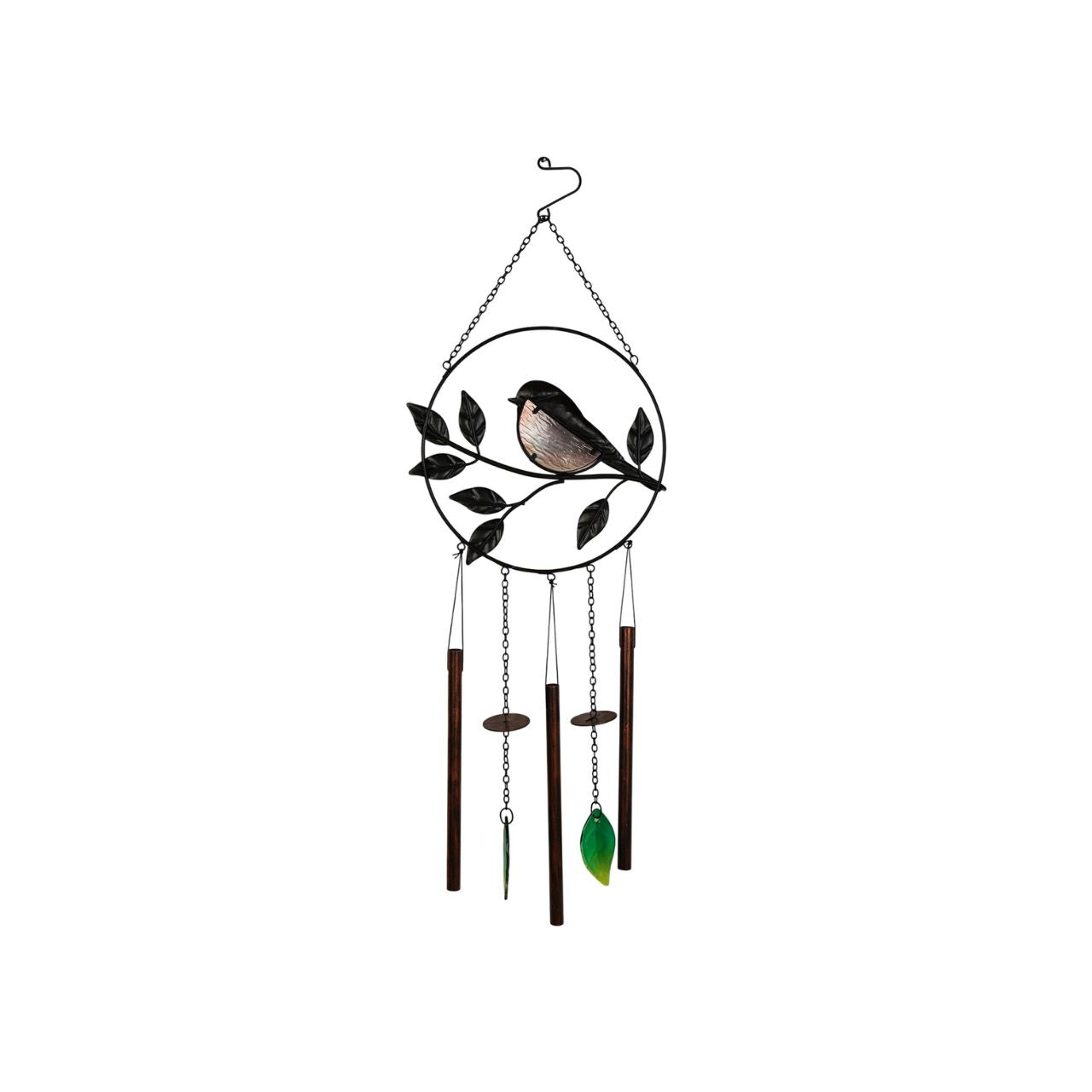A decorative windchime featuring a charming robin perched on a branch, bringing a peaceful, nature-inspired touch to any outdoor space. The detailed design and soft natural tones create a warm and inviting feature for gardens, patios, or balconies.