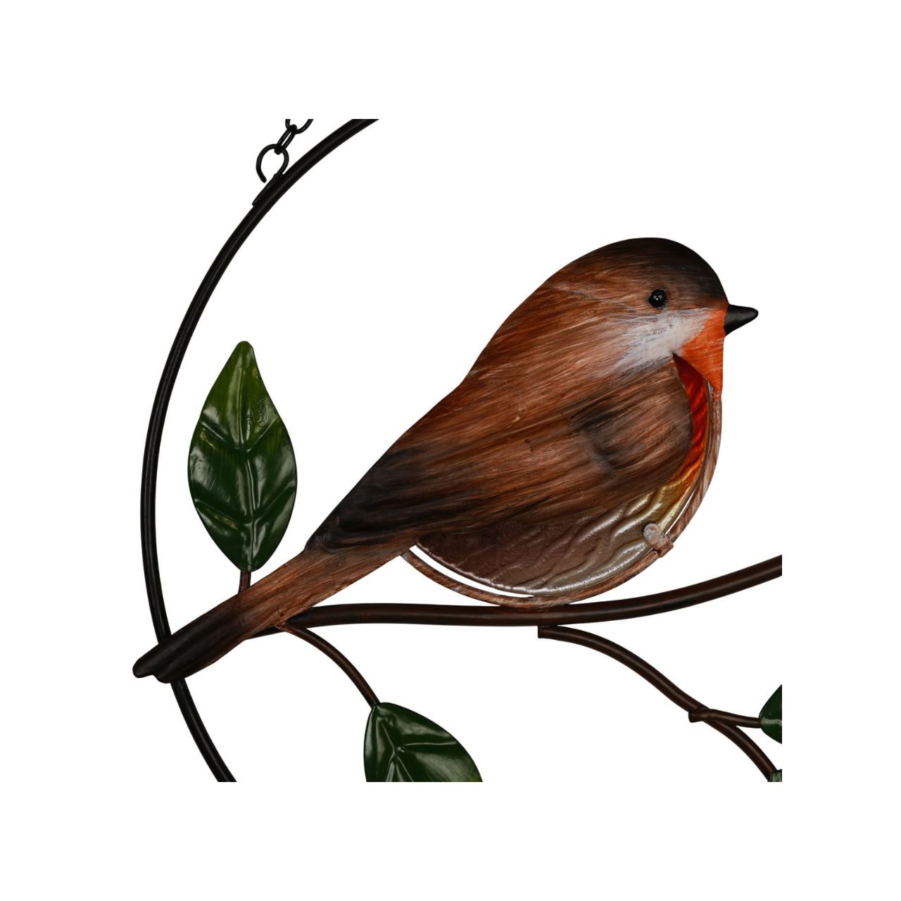 A decorative windchime featuring a charming robin perched on a branch, bringing a peaceful, nature-inspired touch to any outdoor space. The detailed design and soft natural tones create a warm and inviting feature for gardens, patios, or balconies.