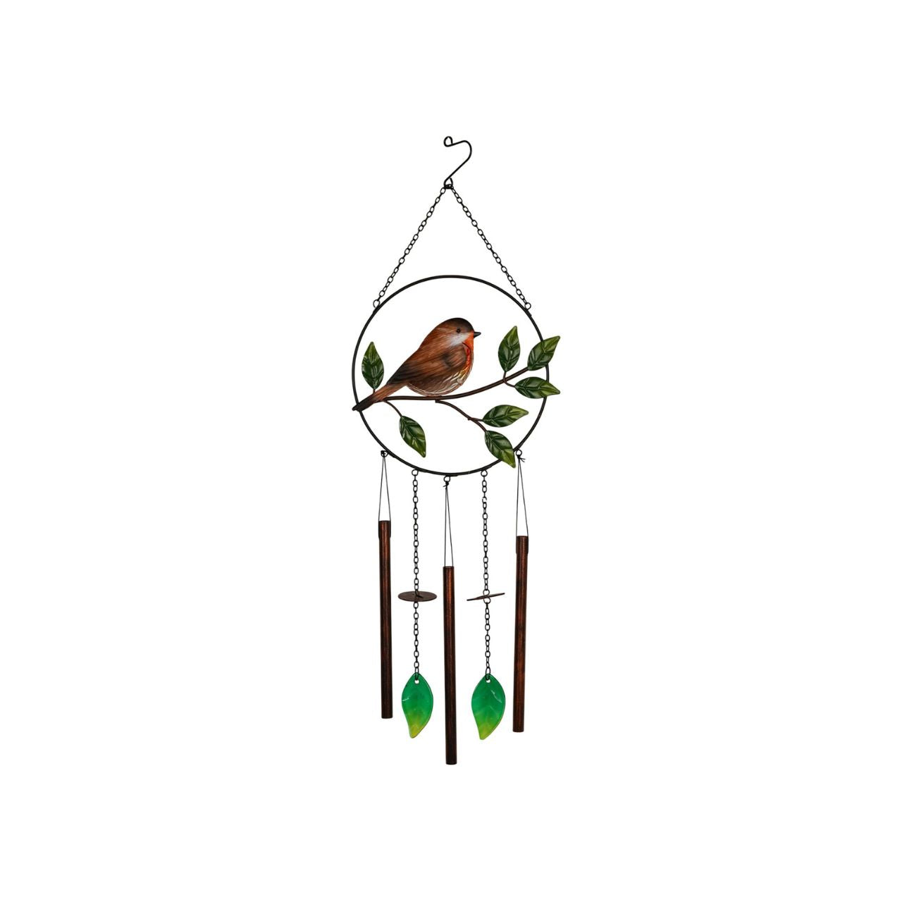 A decorative windchime featuring a charming robin perched on a branch, bringing a peaceful, nature-inspired touch to any outdoor space. The detailed design and soft natural tones create a warm and inviting feature for gardens, patios, or balconies.