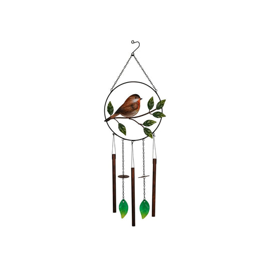 A decorative windchime featuring a charming robin perched on a branch, bringing a peaceful, nature-inspired touch to any outdoor space. The detailed design and soft natural tones create a warm and inviting feature for gardens, patios, or balconies.