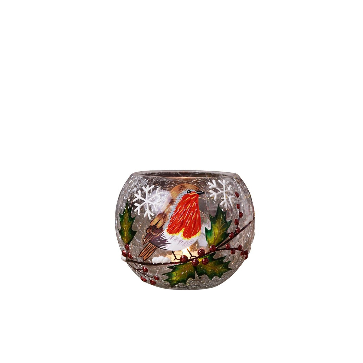 The Regal Tidings Crackle Effect Tea Light Holder Robin Design brings festive charm to seasonal interiors.