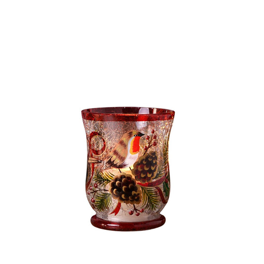 The Regal Tidings Crackle Glass Votive Holder Robin Design brings festive charm to seasonal interiors.