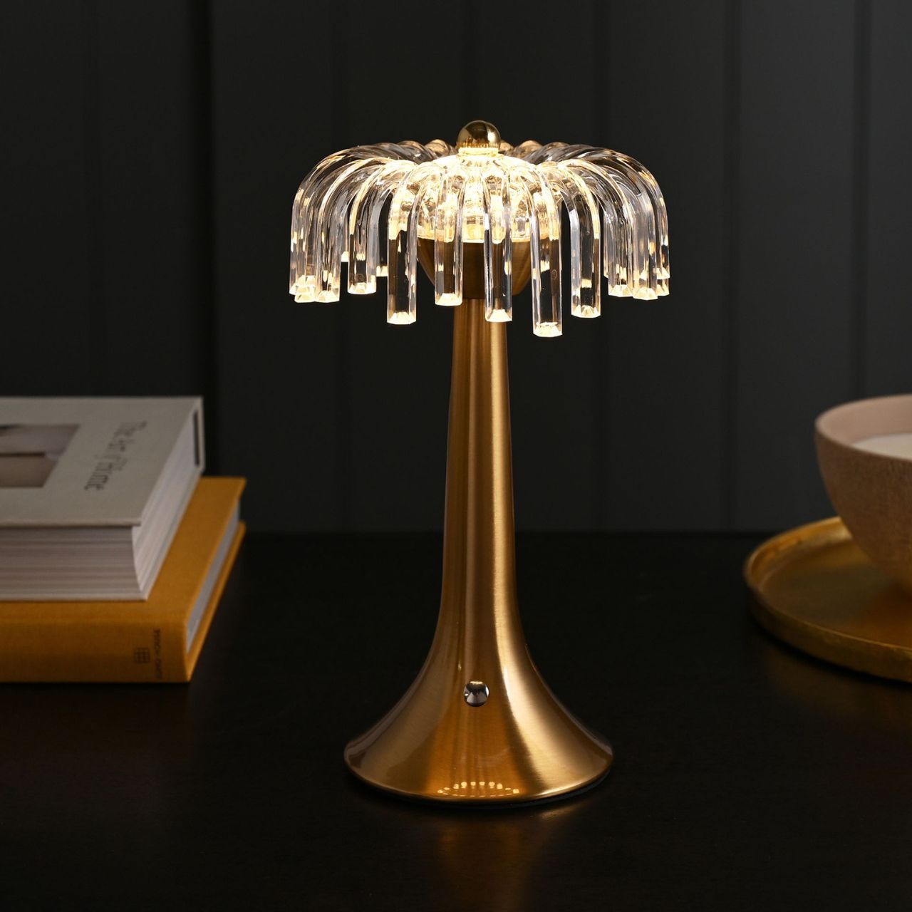 Elevate home décor with the Hestia Crystal USB LED Touch Table Lamp, featuring a stunning design with a bronze base and trim.