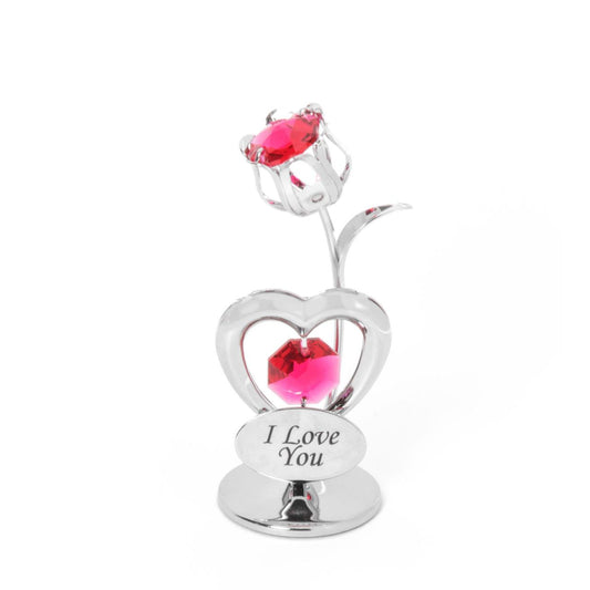 Celebration Heart & Tulip - "I Love You"  A beautiful chrome plated Crystocraft heart and tulip ornament with a 'I Love You' plaque. Embellished with two large, ruby red Austrian crystal elements to make a stunning and eye-catching Valentine's Day gift.