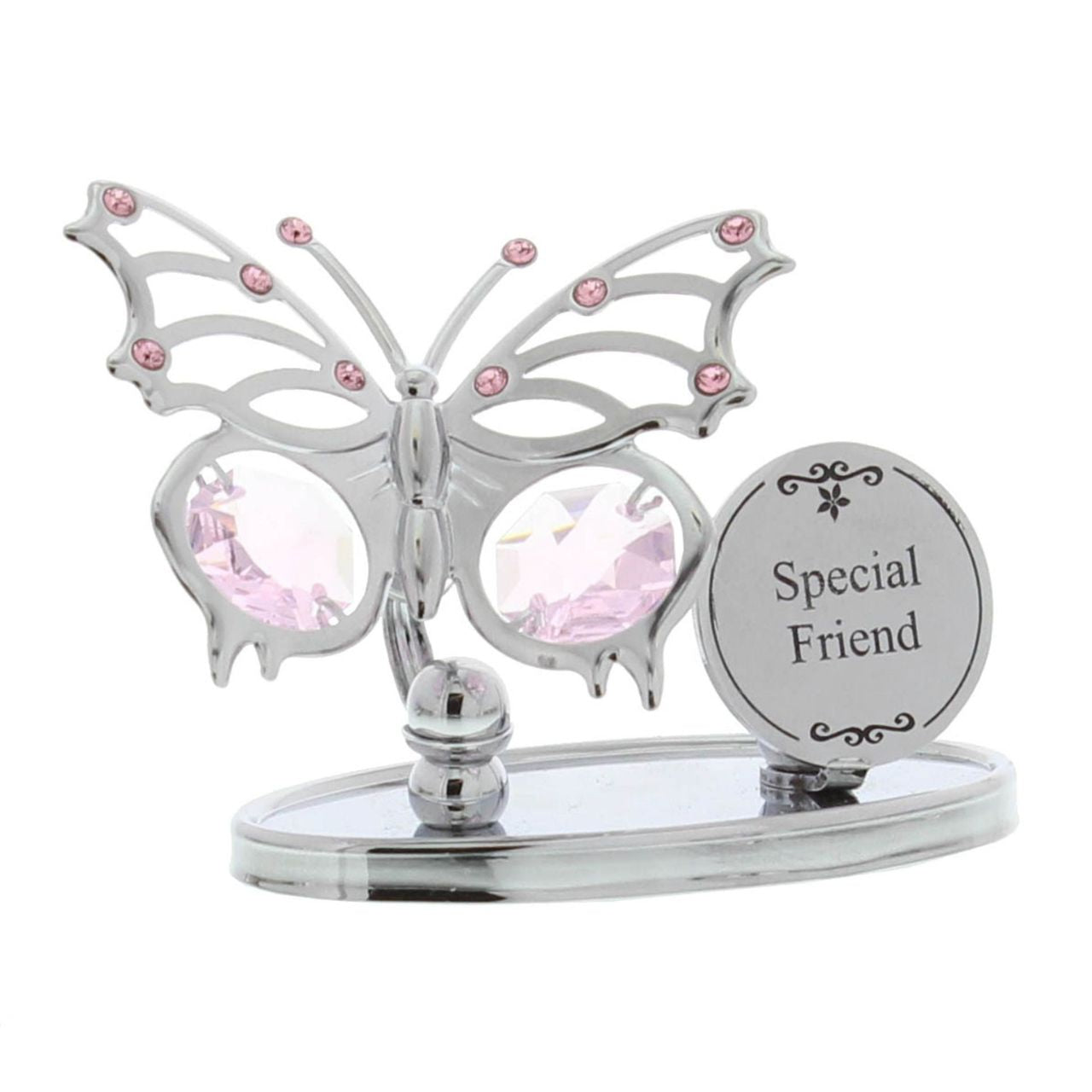 Chrome Plated Butterfly Plaque - Special Friend  A beautiful chrome plated freestanding Crystocraft butterfly ornament with a 'Special Friend' plaque. The elegant butterfly is embellished with soft pink crystals Austrian Crystals to make an elegant and eye catching gift.