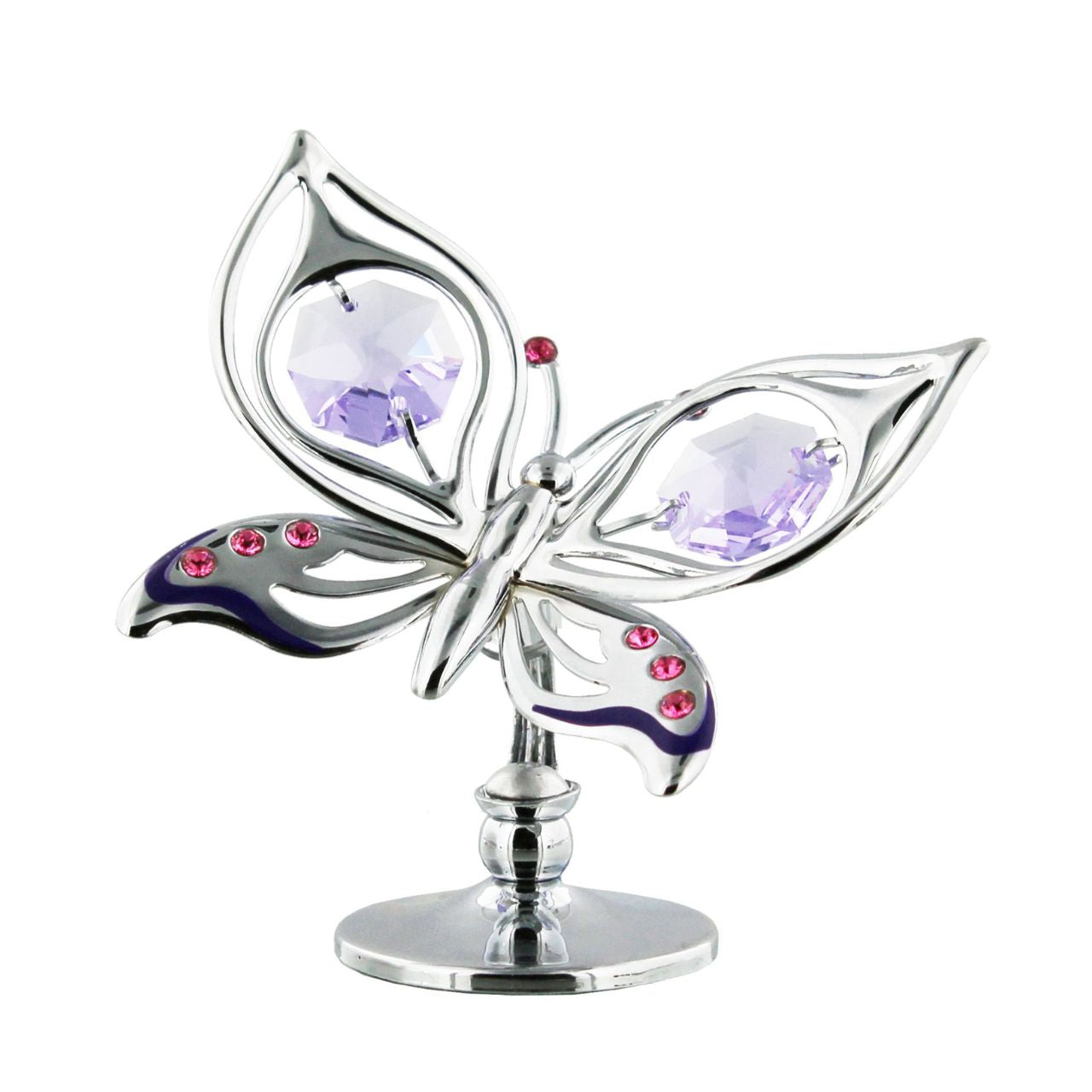 Crystocraft Chrome Plated Orchid Butterfly  A beautiful chrome plated butterfly ornament from Crystocraft. Embellished with world renowned, lilac Austrian Crystals on its wings and antennae to make an elegant and eye catching collectable ornament.