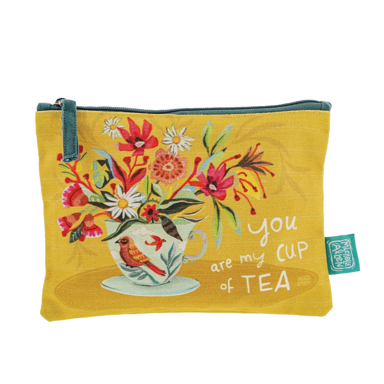 Michelle Allen Cup of Tea Zipped Pouch Medium  These beautiful zippered 100% Cotton pouches are perfect for pencils/pens, trinkets, charging cords, make up or pretty much anything you can possibly think of. Exclusively designed by Michelle Allen.