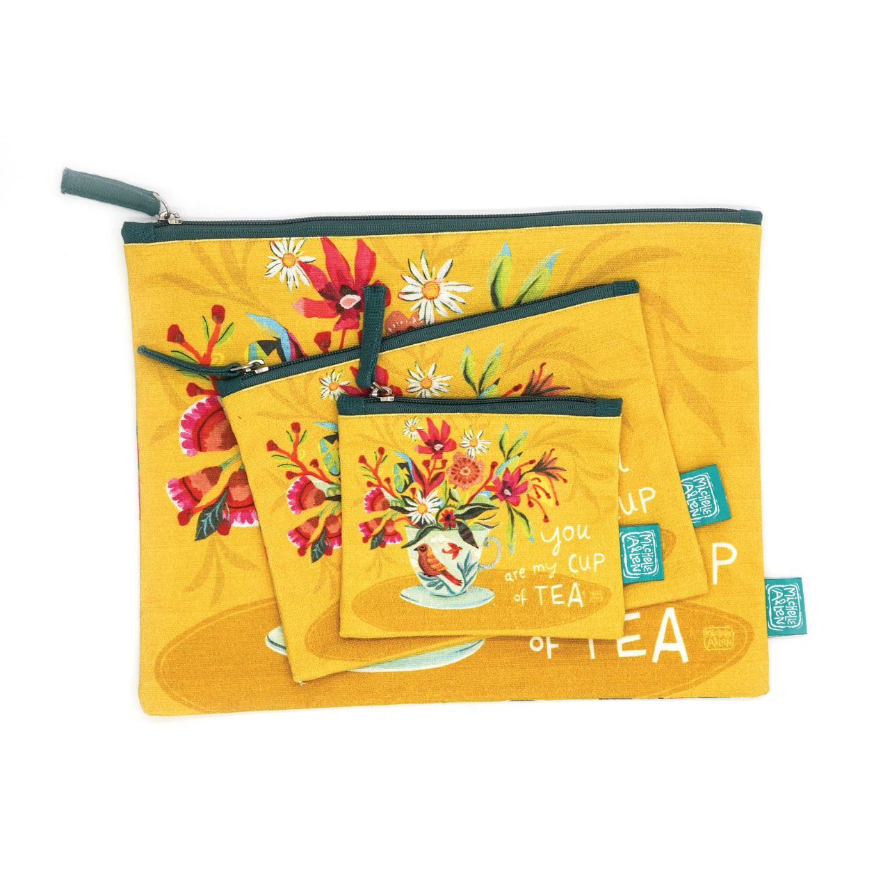 Michelle Allen Cup of Tea Zipped Pouch Large  These beautiful zippered 100% Cotton pouches are perfect for pencils/pens, trinkets, charging cords, make up or pretty much anything you can possibly think of. Exclusively designed by Michelle Allen.