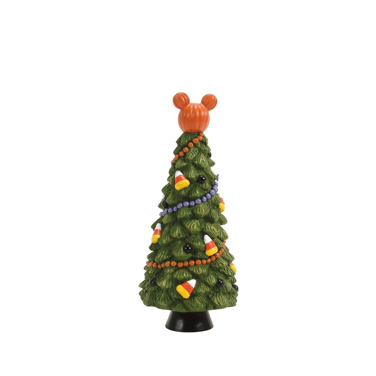 A small decorative Christmas tree with a green textured body, an orange Mickey Mouse-shaped topper, candy corn ornaments, and colorful bead garlands on a black base, isolated on a white background.