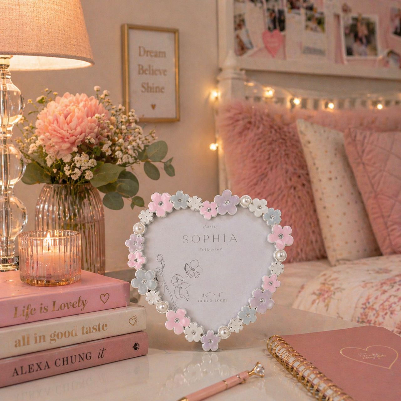 Make your memories bloom with the Sophia Classic Daisy 4 x 6 Heart Frame in Pastel. This heart-shaped frame, adorned with delicate white and pink flowers, offers a charming home for your cherished photos, adding pastel charm to any decor.