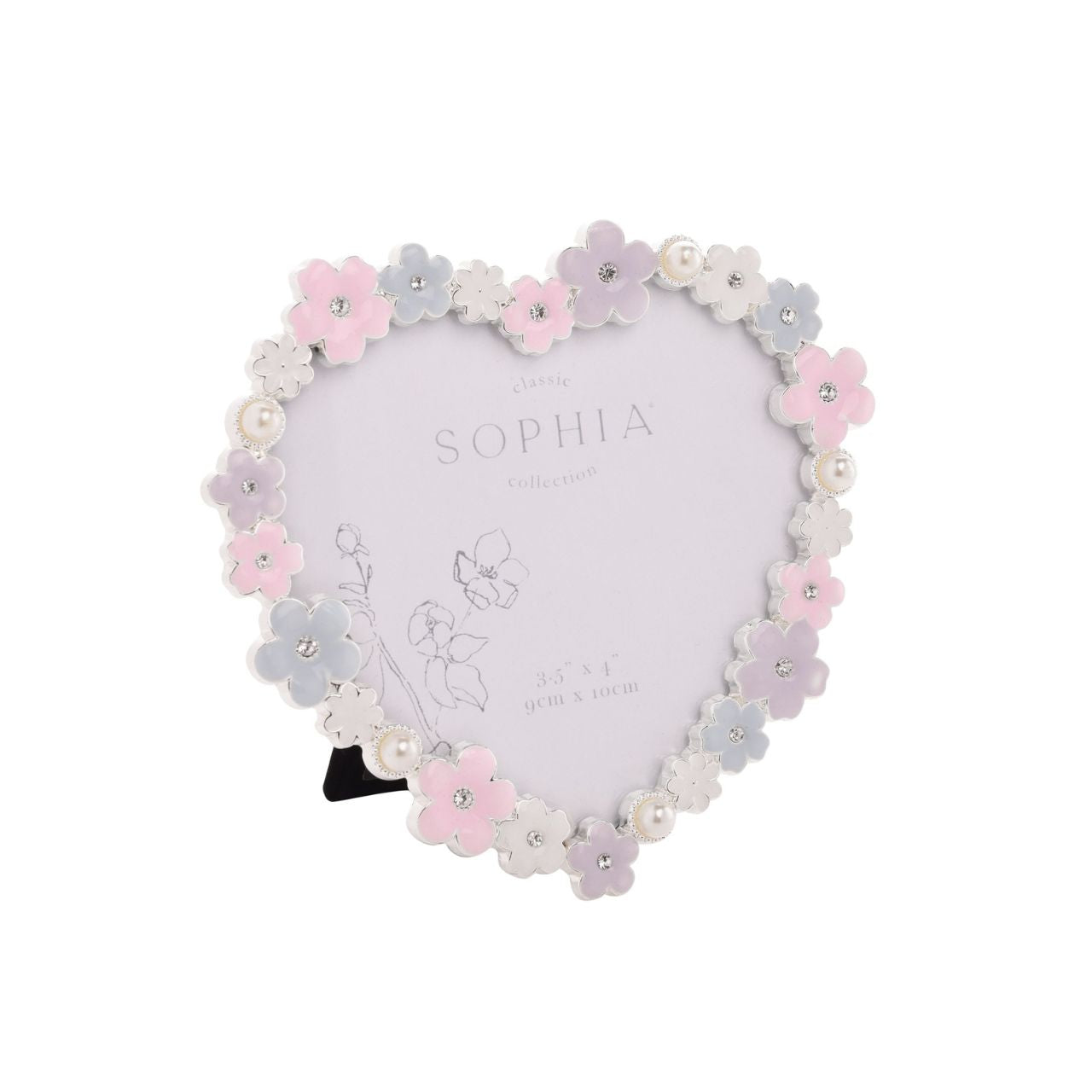 Make your memories bloom with the Sophia Classic Daisy 4 x 6 Heart Frame in Pastel. This heart-shaped frame, adorned with delicate white and pink flowers, offers a charming home for your cherished photos, adding pastel charm to any decor.