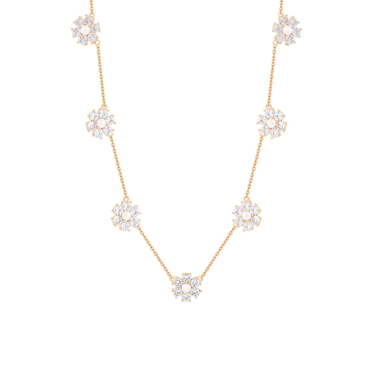 Elevate your elegance with the Tipperary Daisy CZ &amp; Pearl 7 Daisy Gold Necklace. This exquisite piece combines shimmering cubic zirconia and lustrous pearls delicately arranged in a floral motif, capturing timeless beauty in every detail.
