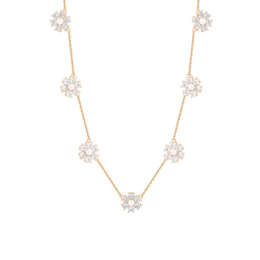 Elevate your elegance with the Tipperary Daisy CZ &amp; Pearl 7 Daisy Gold Necklace. This exquisite piece combines shimmering cubic zirconia and lustrous pearls delicately arranged in a floral motif, capturing timeless beauty in every detail.