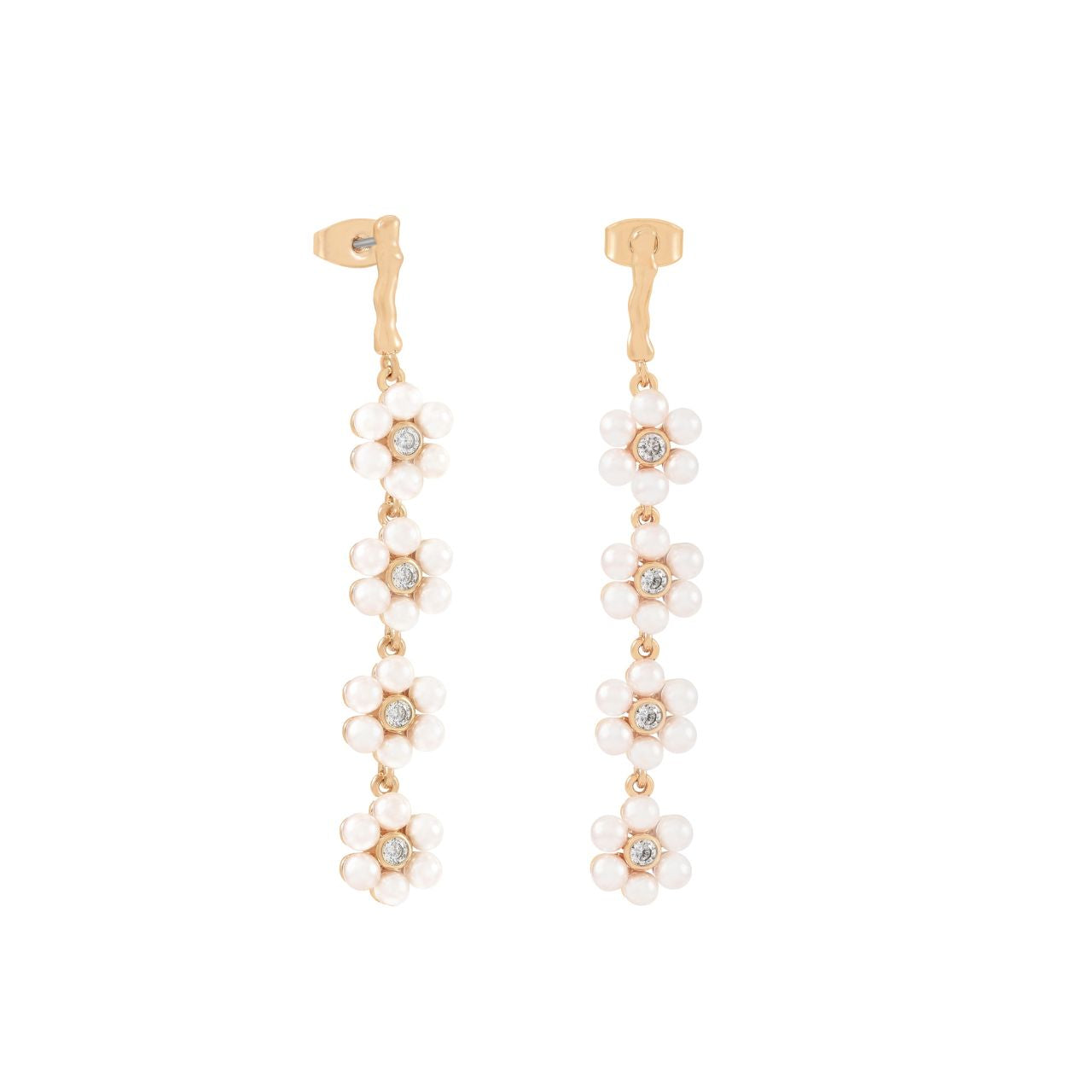 Elevate your elegance with the Tipperary Daisy Pearl Drop Gold Earrings. Featuring lustrous white pearls delicately suspended from refined gold settings, these earrings offer a timeless and graceful finish to any look.