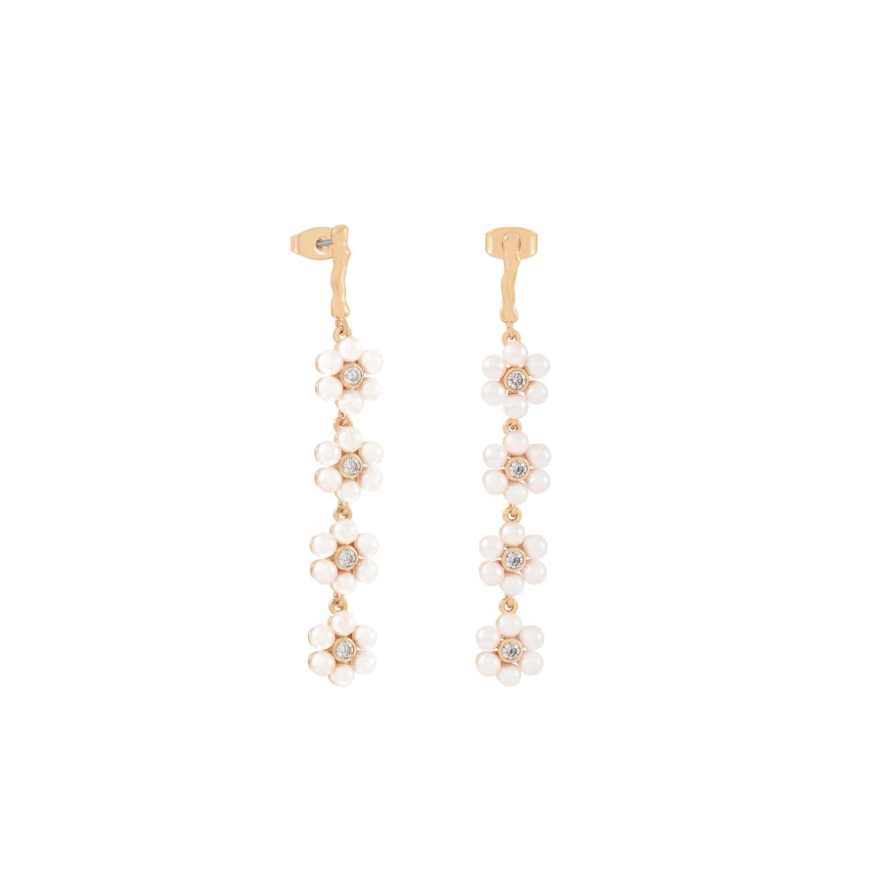 Elevate your elegance with the Tipperary Daisy Pearl Drop Gold Earrings. Featuring lustrous white pearls delicately suspended from refined gold settings, these earrings offer a timeless and graceful finish to any look.