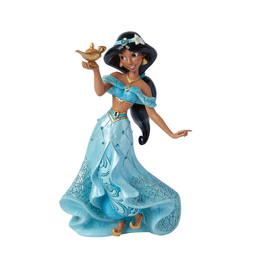 A deluxe masterpiece of the Princess Jasmine from Disney's Aladdin. Hand painted and hand carved, decorated with jewels and filled with intricate details. Perfect for any Disney Traditions collector. Comes in a fully branded gift box.