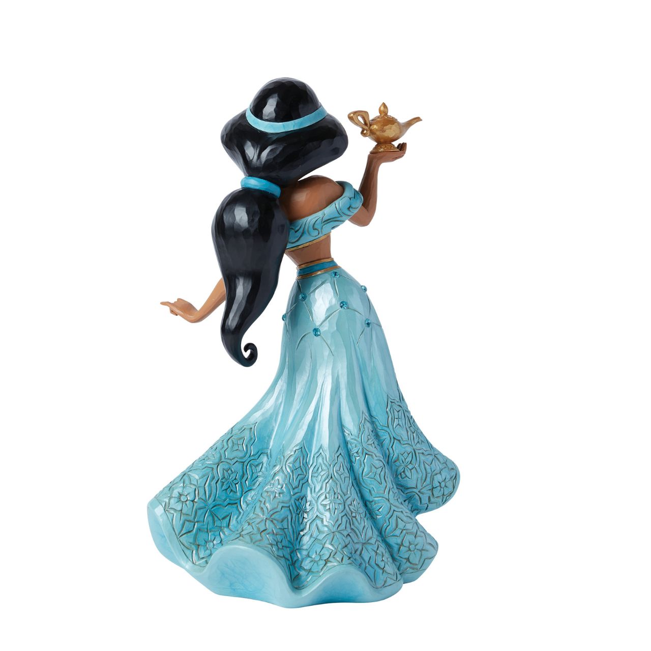 A deluxe masterpiece of the Princess Jasmine from Disney's Aladdin. Hand painted and hand carved, decorated with jewels and filled with intricate details. Perfect for any Disney Traditions collector. Comes in a fully branded gift box.