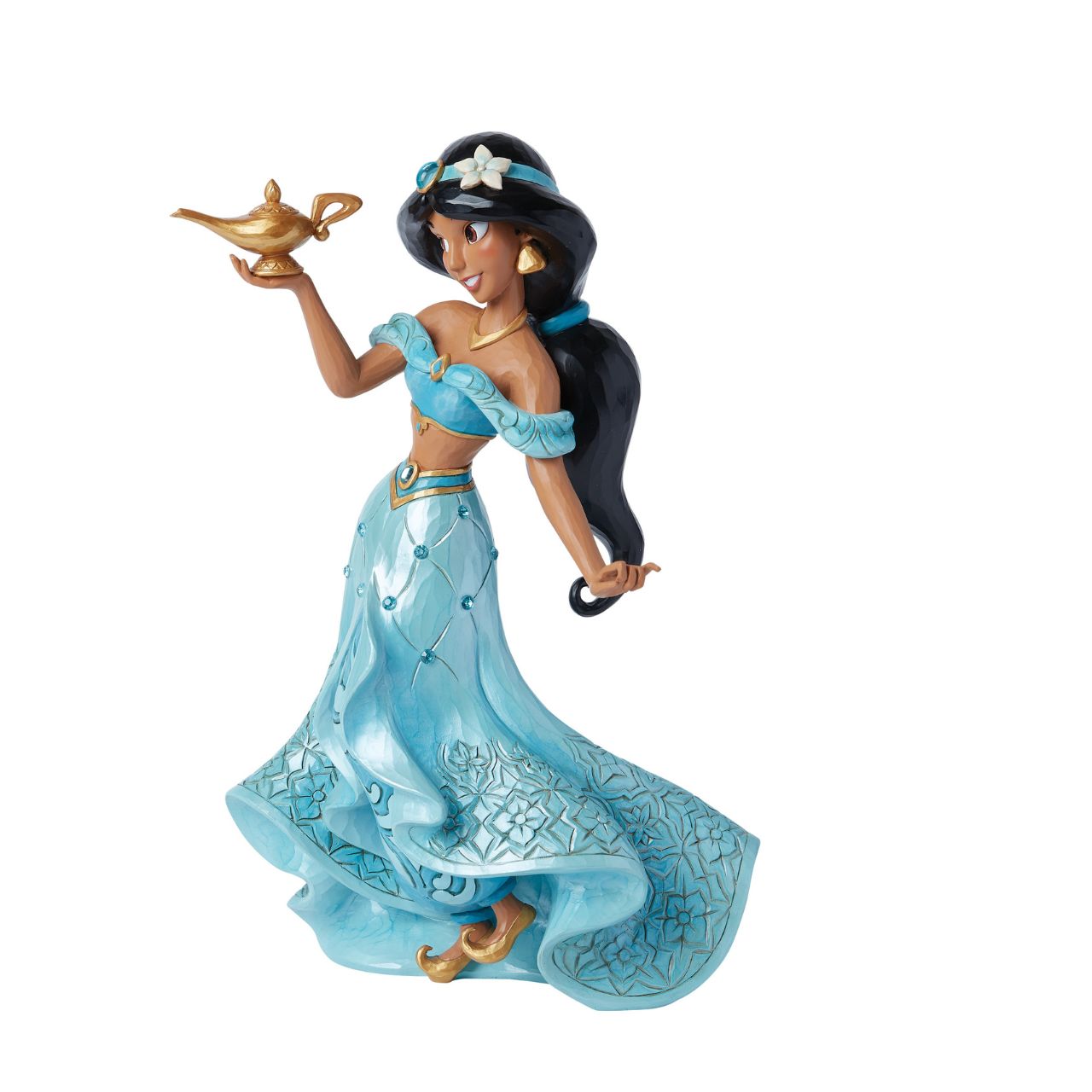 A deluxe masterpiece of the Princess Jasmine from Disney's Aladdin. Hand painted and hand carved, decorated with jewels and filled with intricate details. Perfect for any Disney Traditions collector. Comes in a fully branded gift box.