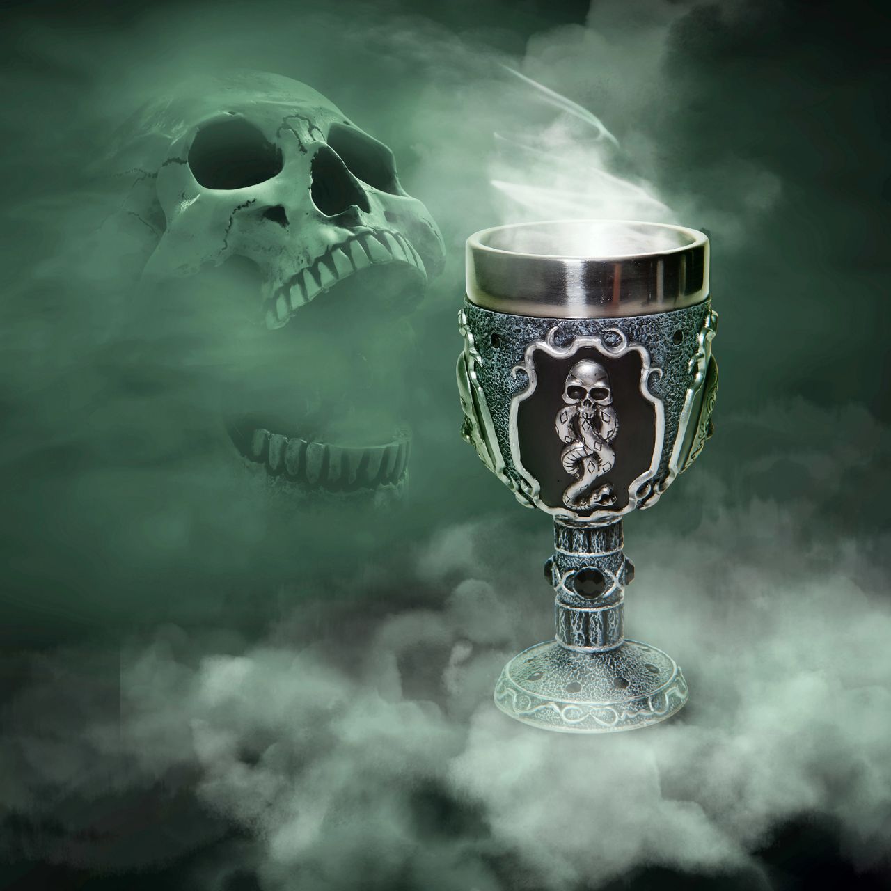 Wizarding World Harry Potter Dark Arts Decorative Goblet  This decorative goblet is adorned with the masks of those who practice the Dark Arts. Those that follow Lord Voldemort and create fear wherever they go.