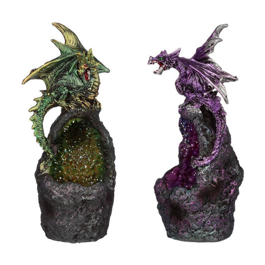 Dark Legends Crystal Cavern LED Dragon  - Material: Resin and Plastic - Batteries Required: 2 x LR44 - Batteries Included: Yes - LED: Controlled by an on/off switch on the bottom, the LED rotates between multiple colours.