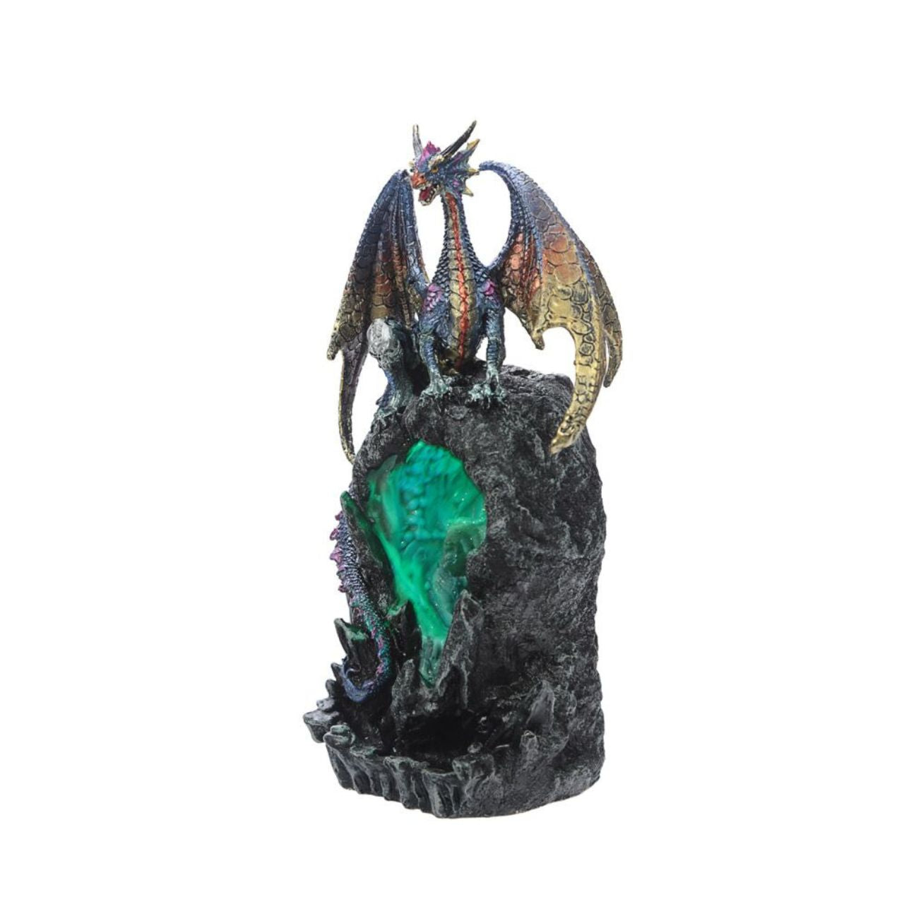 Elevate your space with the Dark Legends LED Backflow Incense Burner Ice Dragon. This intricately designed piece features a captivating ice dragon motif that gracefully channels incense smoke downward, creating a mesmerizing waterfall effect.