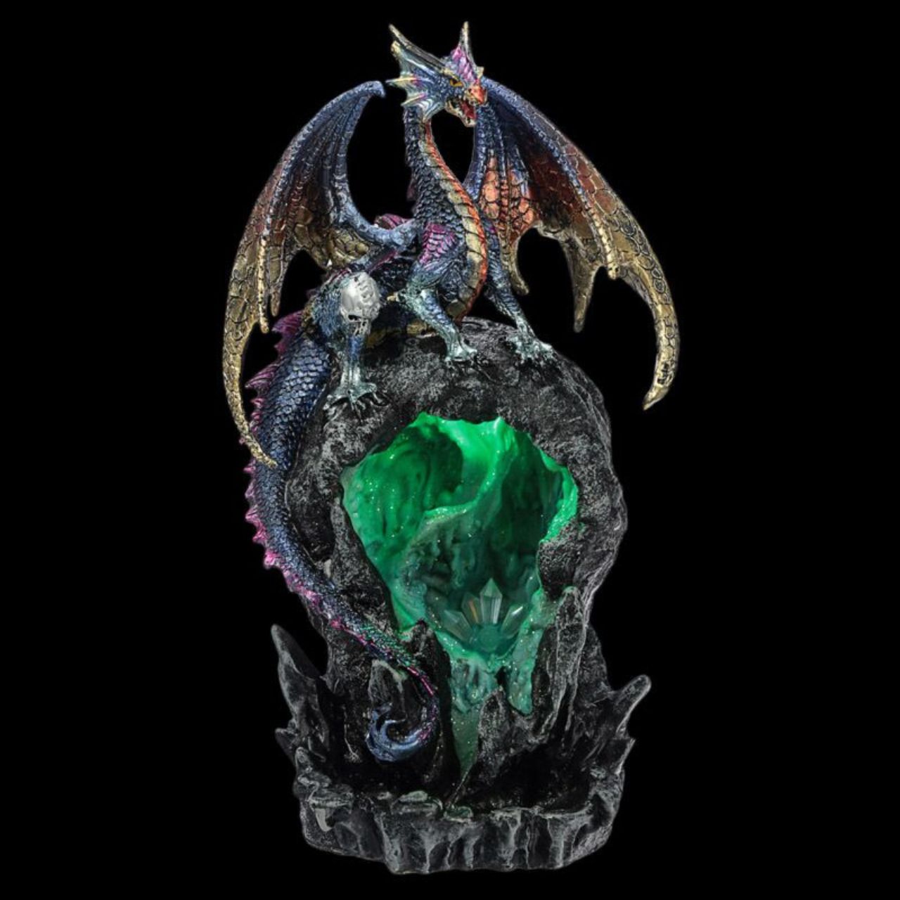 Elevate your space with the Dark Legends LED Backflow Incense Burner Ice Dragon. This intricately designed piece features a captivating ice dragon motif that gracefully channels incense smoke downward, creating a mesmerizing waterfall effect.