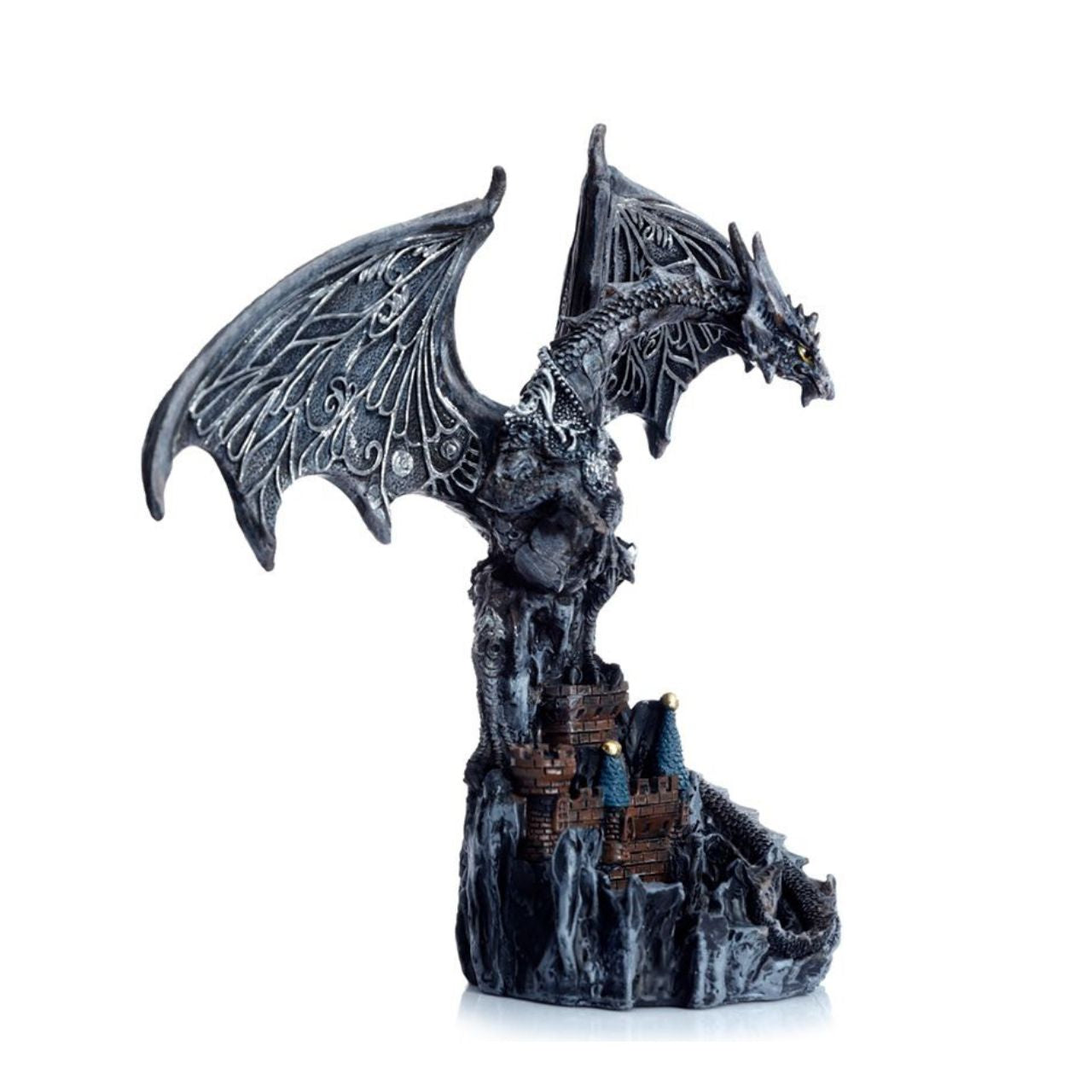 This Dark Legends Wings of Magic Silver Castle Guardian Dragon features intricate details and stunning silver colouring that will make it a standout piece in any collection. With its majestic wings and fierce stance, it imbues a sense of magic and protection to its surroundings. A must-have for any dragon lover or fantasy enthusiast.