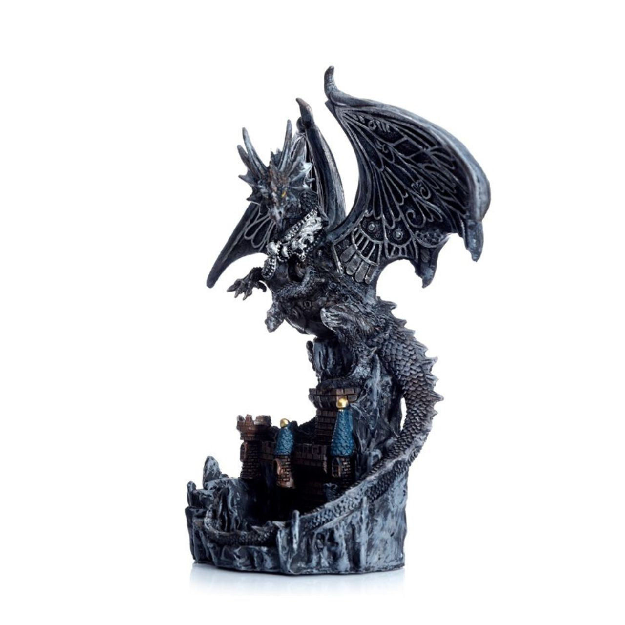 This Dark Legends Wings of Magic Silver Castle Guardian Dragon features intricate details and stunning silver colouring that will make it a standout piece in any collection. With its majestic wings and fierce stance, it imbues a sense of magic and protection to its surroundings. A must-have for any dragon lover or fantasy enthusiast.