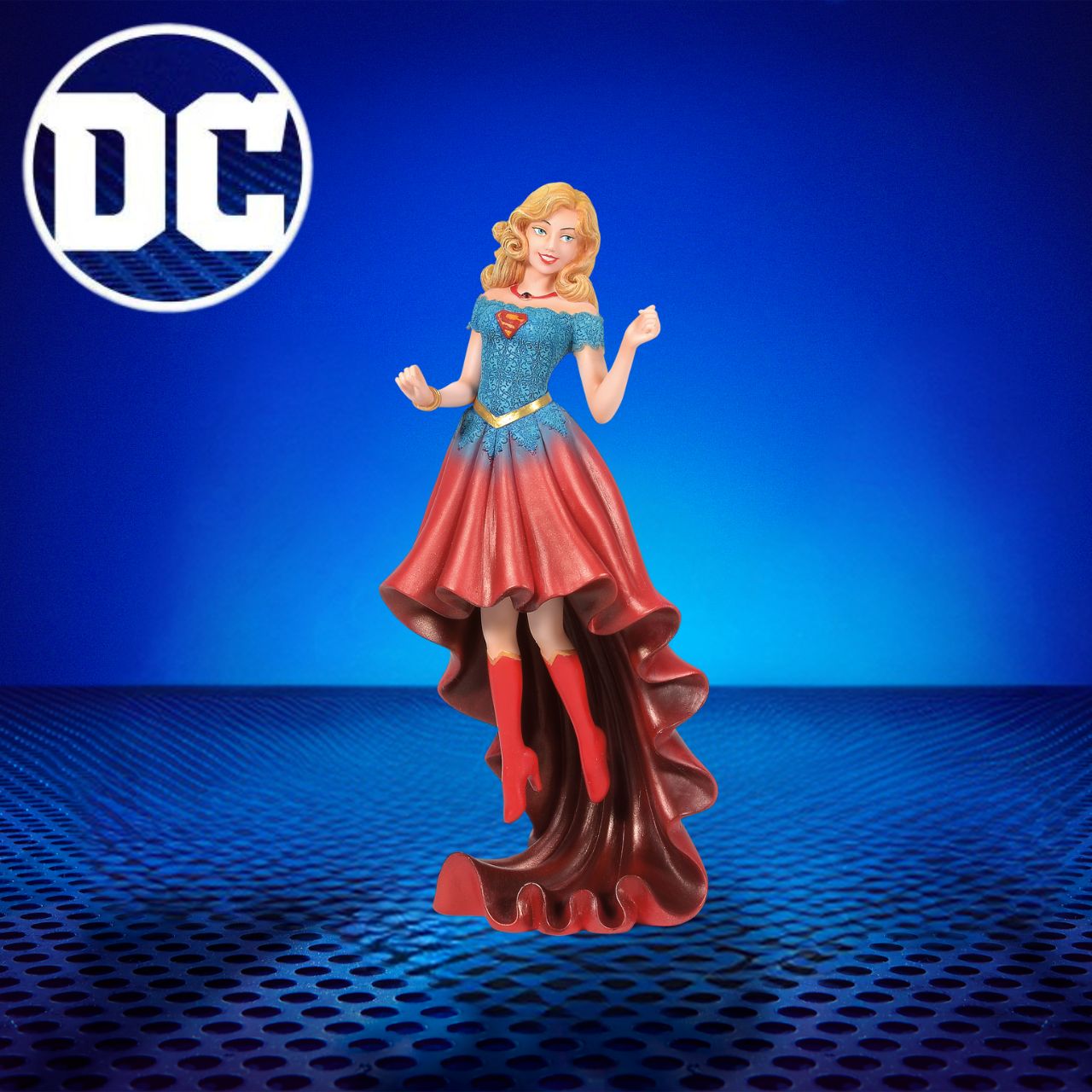 Fierce meets fabulous in this meticulously reimagined hand-crafted figure inspired by DC Comics most iconic heroines and villains. Shimmering with metallic paint accents on her flowing stylish skirt, Supergirl is mid-flight ready to conquer the world