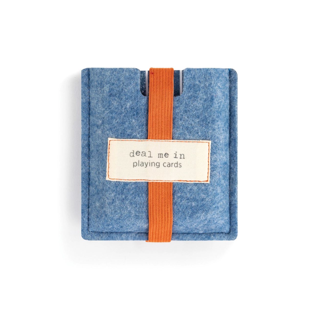 Deal Me in Playing Cards  Our Deal Me In Playing Cards is a deck or playing cards like no another, covered with a blue and white striped back and stored in a blue-heathered felt pouch these are great to take with you anywhere.