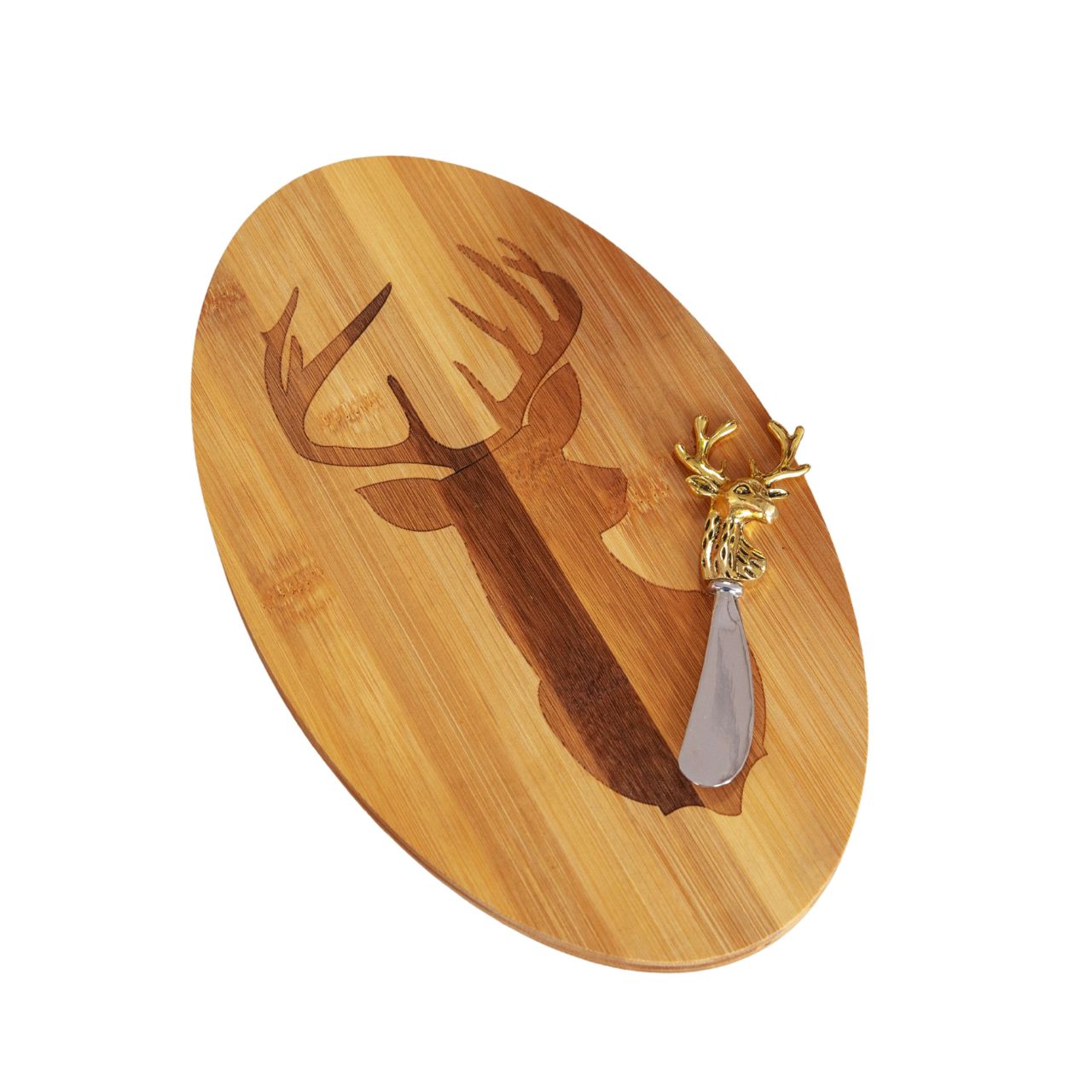 Bamboo Deer Head Laser Oval Chopping Board with Knife  Serve up an after dinner treat in festive style with this bamboo stag's head novelty cheeseboard and knife gift set.