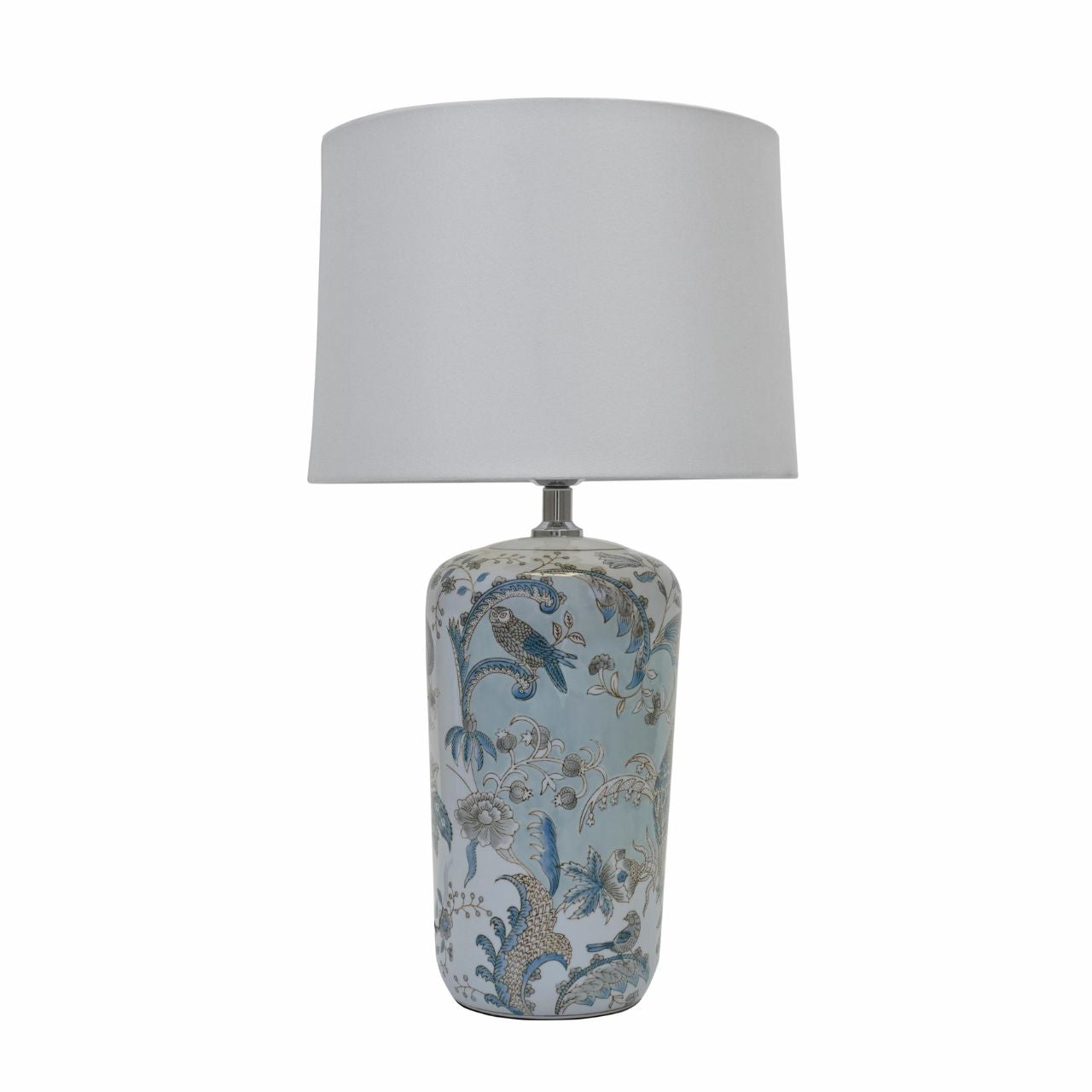Mindy Brownes Delia Lamp Large  Good lighting is essential for every home. Our ceramic collection is traditional yet timeless and featuring stunning designs, prints and patterns bursting with colour. This lamp is blue in detail with tropical print. White linen shade.