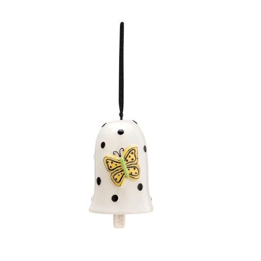 Heartful Home Bell - Happy by Demdaco  Add a whimsical, happy touch to your home with Tracy Pesche's uplifting ceramic art. Her hand-painted Heartful Home Bell - Happy is a bright expression of hope that makes a pleasing, sing-song jingle whenever you desire. It is white with an array of beautiful black polka dots and a sweet yellow butterfly with a green body.