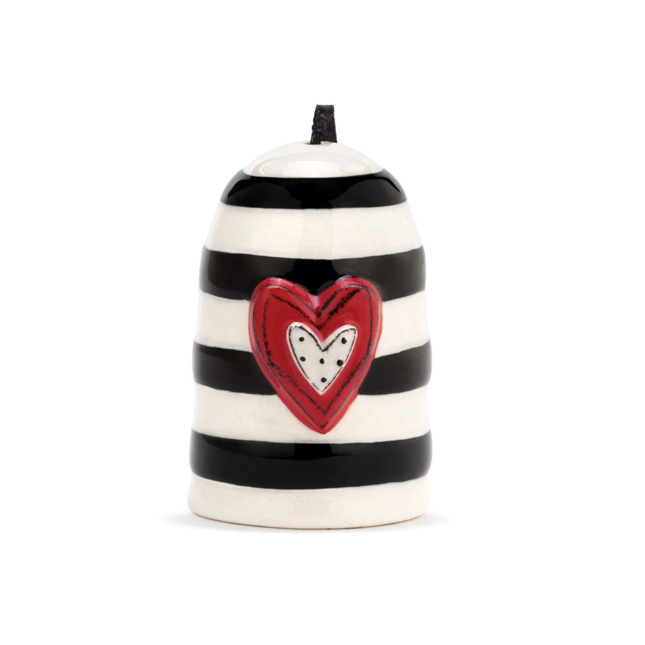 Heartful Home Bell - Love by Demdaco  Add a whimsical, happy touch to your home with Tracy Pesche's uplifting ceramic art. Her hand-painted Heartful Home Bell - Love is a bright token of love that makes a pleasing, sing-song jingle whenever you desire. It is white with an array of beautiful black stripes and a bold red heart with a polka dot centre. It bears the simple word, "Love."