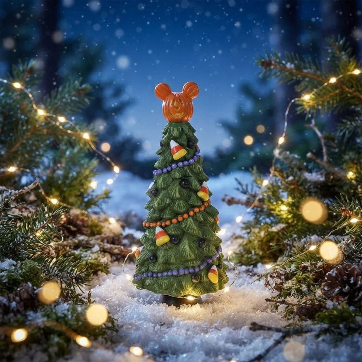 Playfully decorated with colourful candy corn and a perfect Mickey shaped pumpkin at the top of the tree, it makes a spooktasic centrepiece in your Pumpkintown Village.