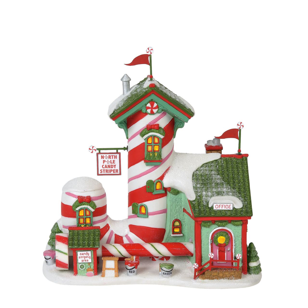 Department 56 North Pole Candy Striper  If you have ever wondered how candy canes get their stripes, this whimsical factory at the North Pole reveals the trade secrets. The tiny stool in front offers industrious elves the chance to add creative stripes to a freshly made rotating candy stick