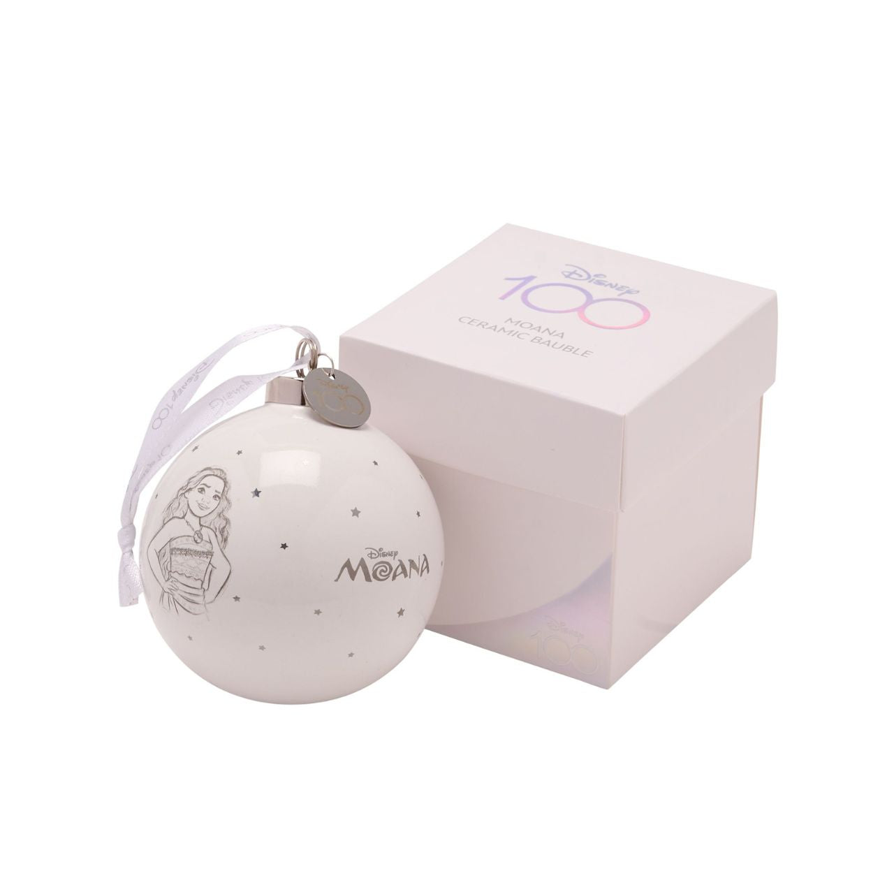 Disney 100th Anniversary Bauble - Moana  A Moana bauble from Disney 100 by DISNEY.  This magical tree decoration captures the true magic of Disney on its centenary and can be enjoyed by fans of all ages at Christmas.