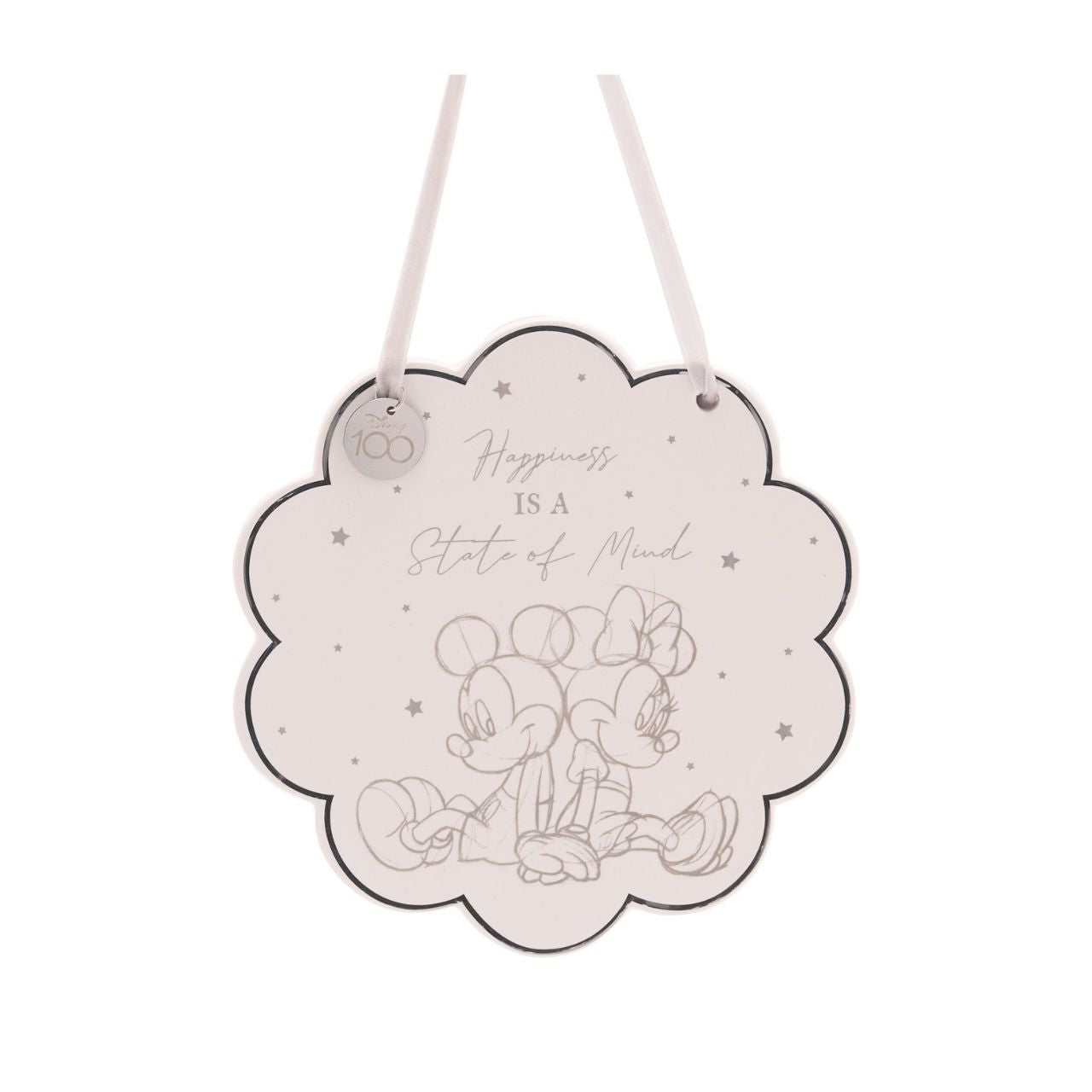 The white, ceramic plaque showcases a scalloped design, complete with printed pencil sketch illustration of Mickey &amp; Minnie Mouse, and ‘Happiness Is a State of Mind’ title. It is displayed using its silver ribbon handle, complete with ‘Disney 100’ silver metal charm.