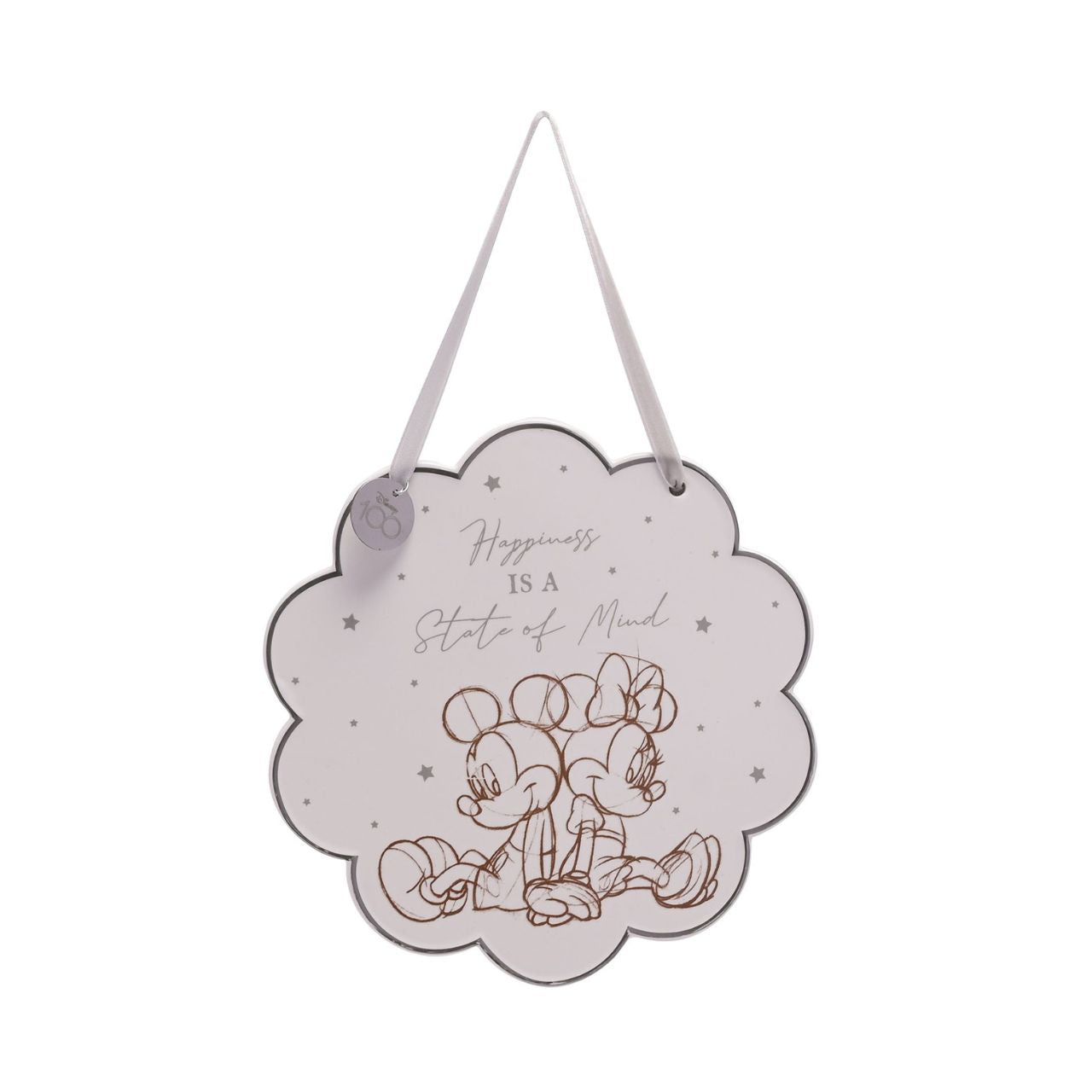 The white, ceramic plaque showcases a scalloped design, complete with printed pencil sketch illustration of Mickey &amp; Minnie Mouse, and ‘Happiness Is a State of Mind’ title. It is displayed using its silver ribbon handle, complete with ‘Disney 100’ silver metal charm.